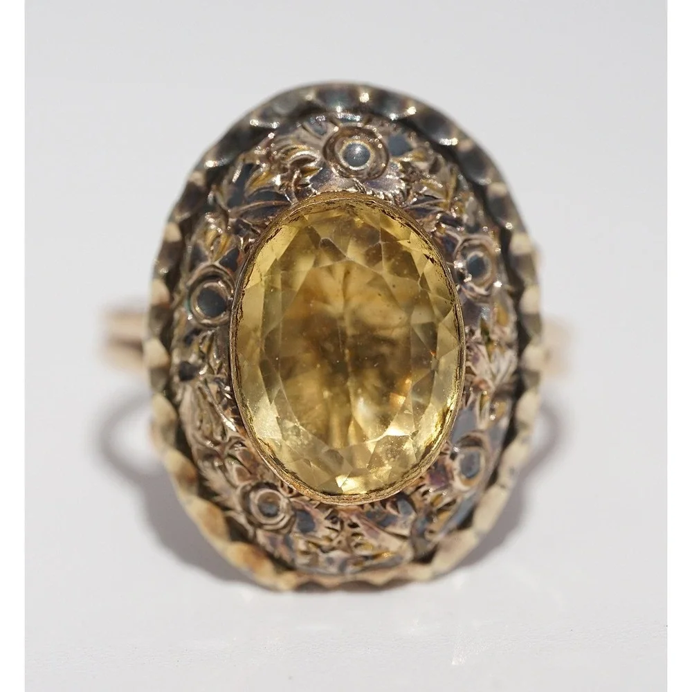 Victorian Antique 14k Solid Yellow Gold Flower Natural Citrine Ring Size 6.5 5g